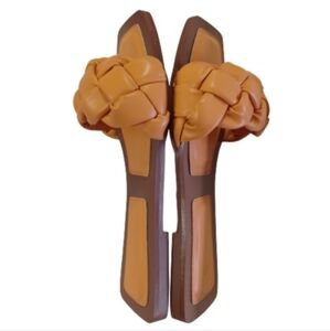 Women's Square Open Toe Braided Leather Orange Slip-On Slide Sandals Beach Shoes